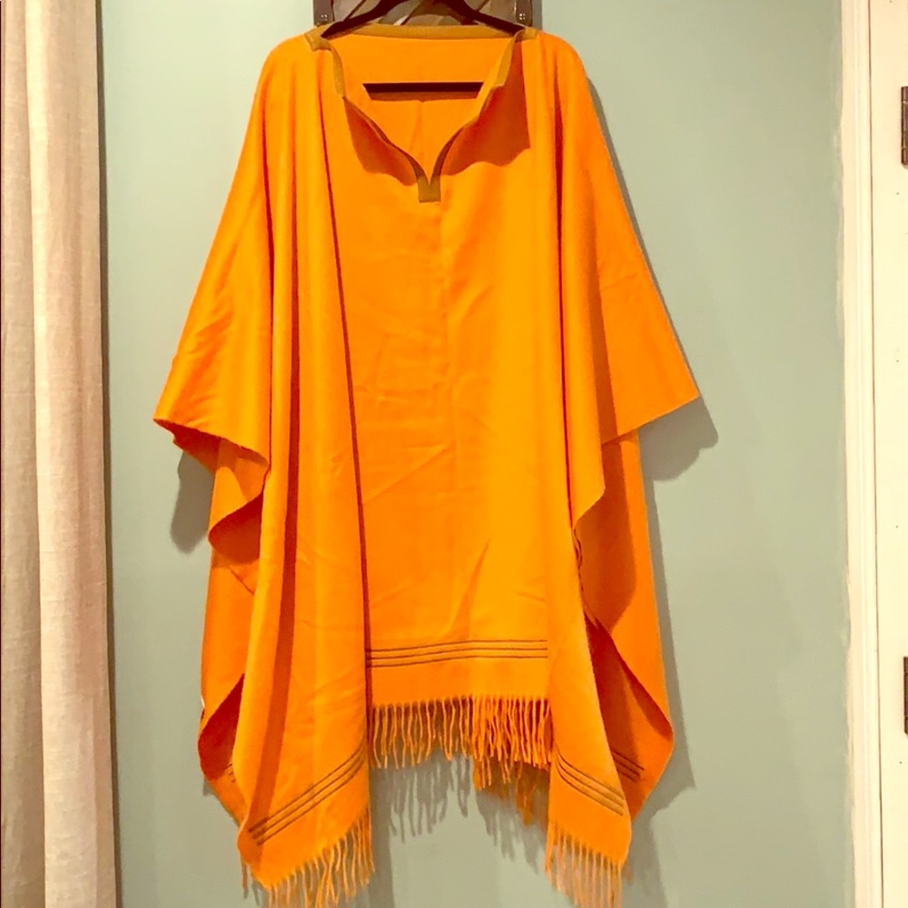 Cashmere Poncho with Leather Trim